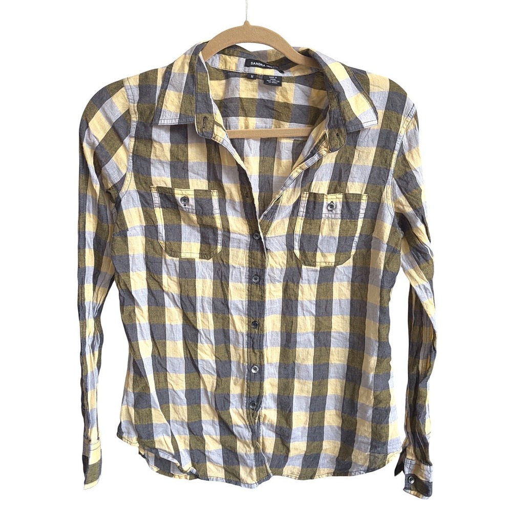 Sandra Ingrish Button Up Yellow Gray Plaid Flannel Cotton Shirt Medium